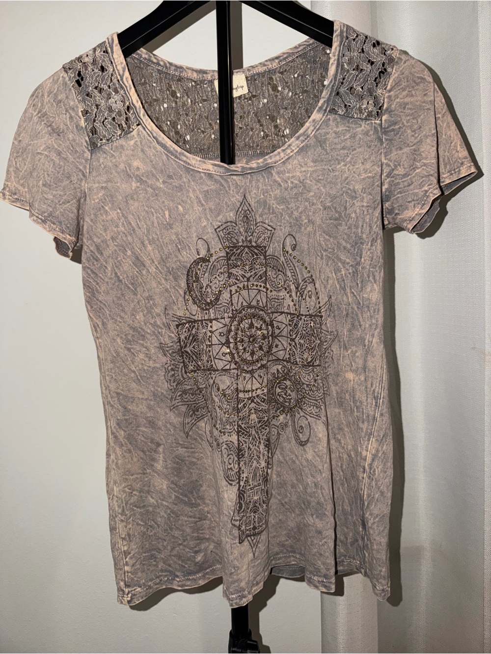 Daytrip Buckle Top S Small Gray Acid Wash Cross Studded Lace Y2K Grunge Boho